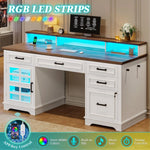 Lowrance Farmhouse Executive Desk with Drawers, Computer Desk with Power Outlet and LED Lights for Home, Office, White