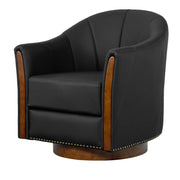 Henry Modern Genuine Leather Swivel Barrel Chair with Solid Wood Base