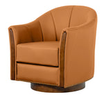 Henry Modern Genuine Leather Swivel Barrel Chair with Solid Wood Base
