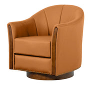 Henry Modern Genuine Leather Swivel Barrel Chair with Solid Wood Base