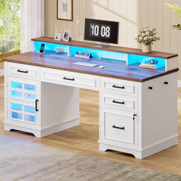 Lowrance Farmhouse Executive Desk with Drawers, Computer Desk with Power Outlet and LED Lights for Home, Office, White