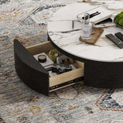 Anakin Drum Coffee Table – Sintered Stone Elegance with Dual Solid Wood Drawers, Ready to Use