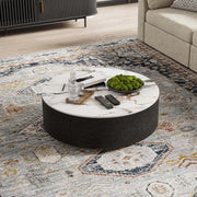 Anakin Drum Coffee Table – Sintered Stone Elegance with Dual Solid Wood Drawers, Ready to Use