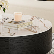 Anakin Drum Coffee Table – Sintered Stone Elegance with Dual Solid Wood Drawers, Ready to Use