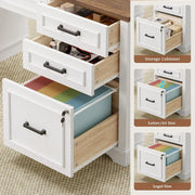 Lowrance Farmhouse Executive Desk with Drawers, Computer Desk with Power Outlet and LED Lights for Home, Office, White