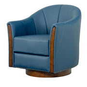 Henry Modern Genuine Leather Swivel Barrel Chair with Solid Wood Base