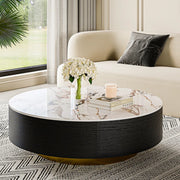 Anakin Drum Coffee Table – Sintered Stone Elegance with Dual Solid Wood Drawers, Ready to Use