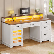 Lowrance Farmhouse Executive Desk with Drawers, Computer Desk with Power Outlet and LED Lights for Home, Office, White