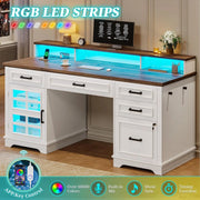 Lowrance Farmhouse Executive Desk with Drawers, Computer Desk with Power Outlet and LED Lights for Home, Office, White