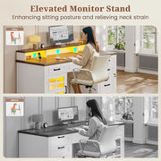 Lowrance Farmhouse Executive Desk with Drawers, Computer Desk with Power Outlet and LED Lights for Home, Office, White