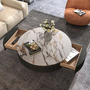 Anakin Drum Coffee Table – Sintered Stone Elegance with Dual Solid Wood Drawers, Ready to Use
