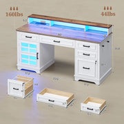 Lowrance Farmhouse Executive Desk with Drawers, Computer Desk with Power Outlet and LED Lights for Home, Office, White