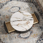 Anakin Drum Coffee Table – Sintered Stone Elegance with Dual Solid Wood Drawers, Ready to Use